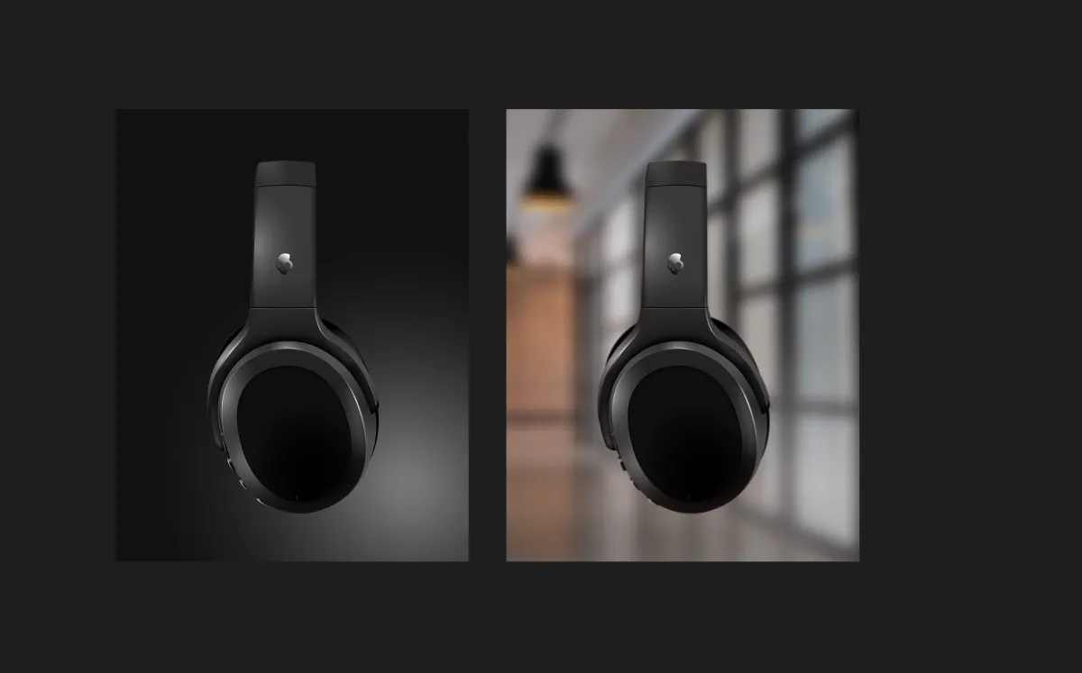 The same headphones, left on a studio gradient and right composited into a blurred room