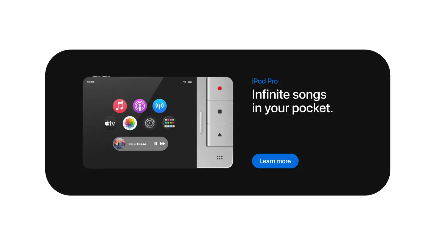 A theoretical iPod Pro showing a stripped-down iOS home screen, with the tagline "Infinite songs in your pocket"