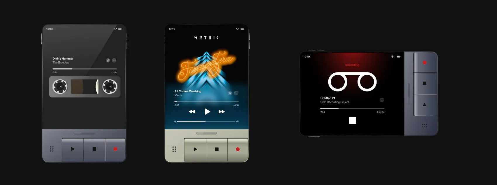 The midnight finish, with cassette, album-art, and field-recording screens