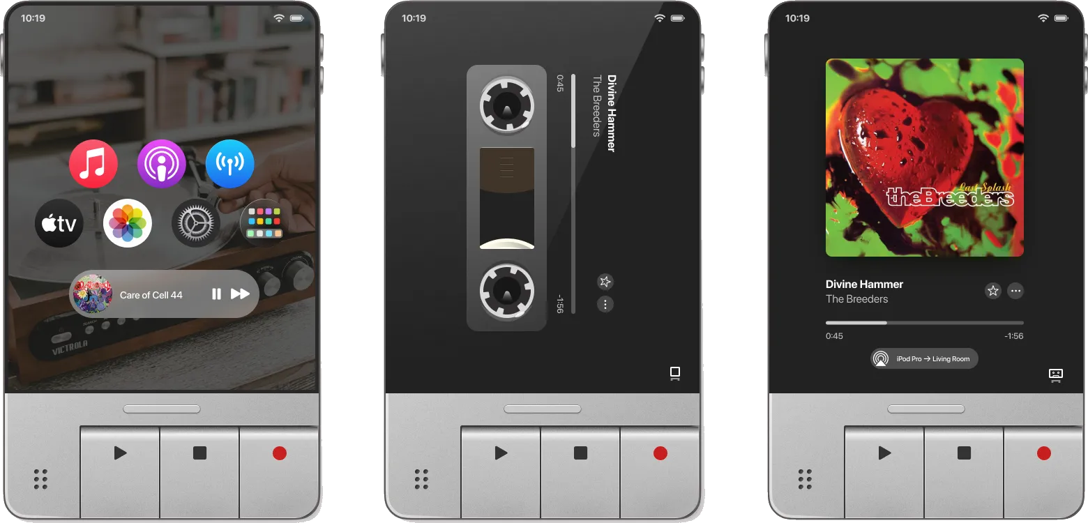 The iPod Pro home screen, a skeuomorphic cassette now-playing view, and album art