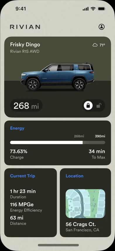 The concept Rivian owner app home screen