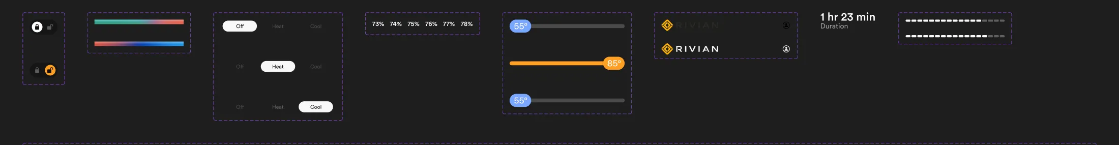 The micro design system — a door-lock toggle, climate segmented control, charging-text states, temperature sliders, and navigation