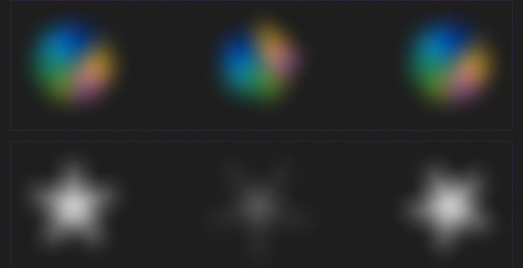 Visual-effects building blocks — colorful gradient bloom orbs and soft star-glow shapes