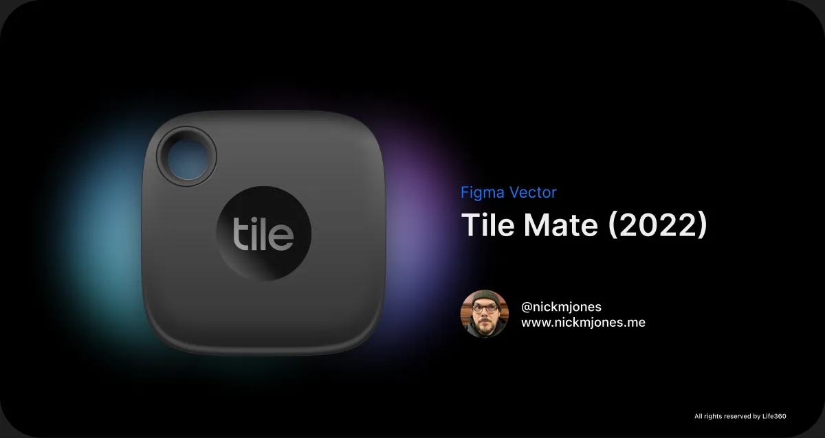 A Tile Mate tracker rendered as vectors, lit with cool rim light on a black background