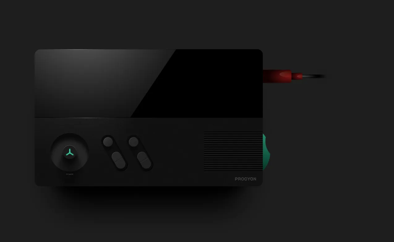 A wide black 80s-style console with a screen, joystick, and speaker grille, rendered in vectors