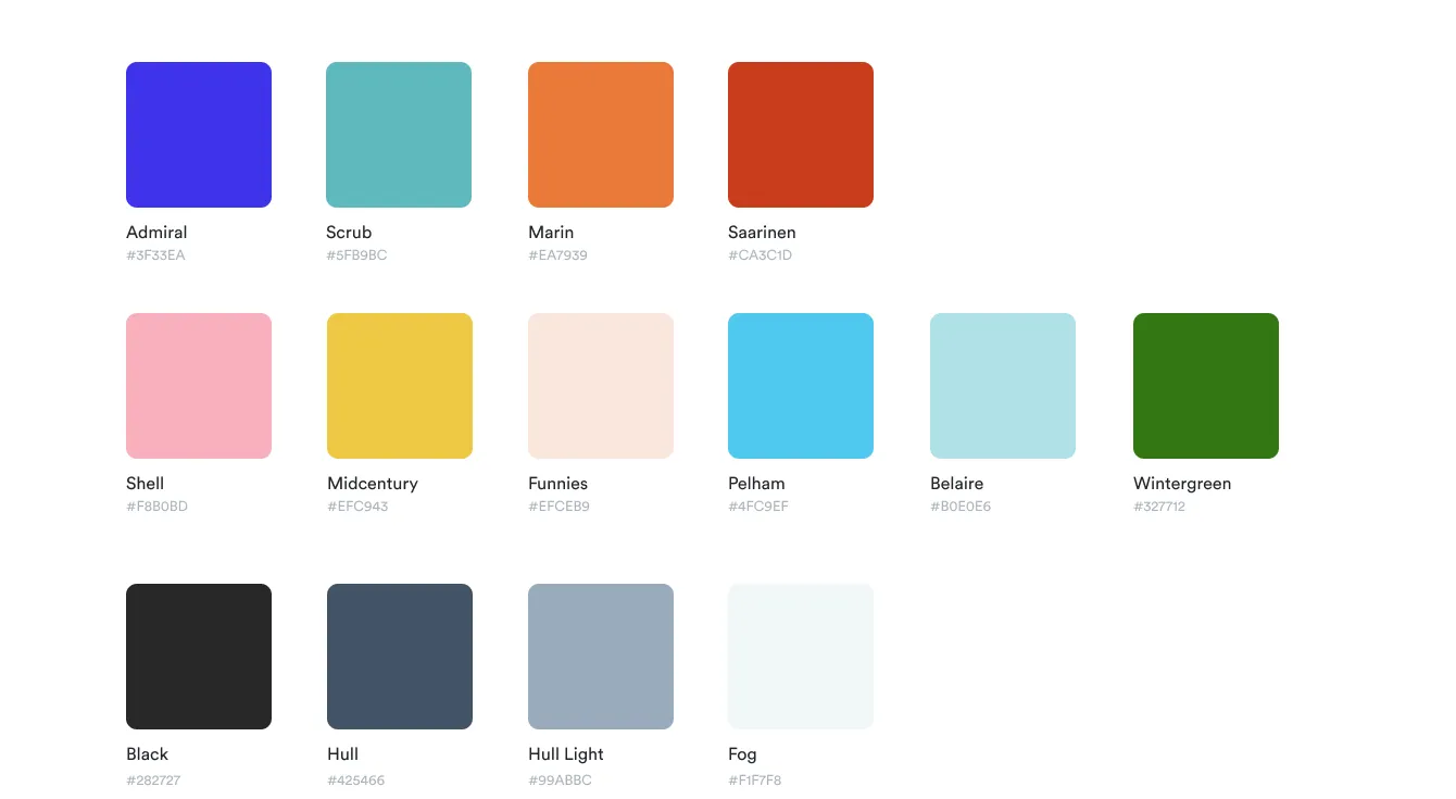 The Housecall color palette — warm corals, teals, mustard, and pink with midcentury names