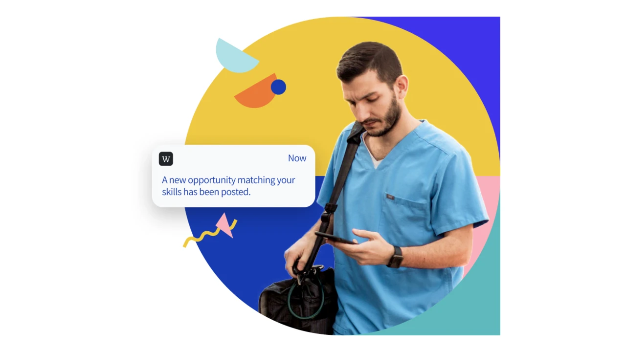 A home-healthcare provider in a circular photo surrounded by friendly geometric shapes