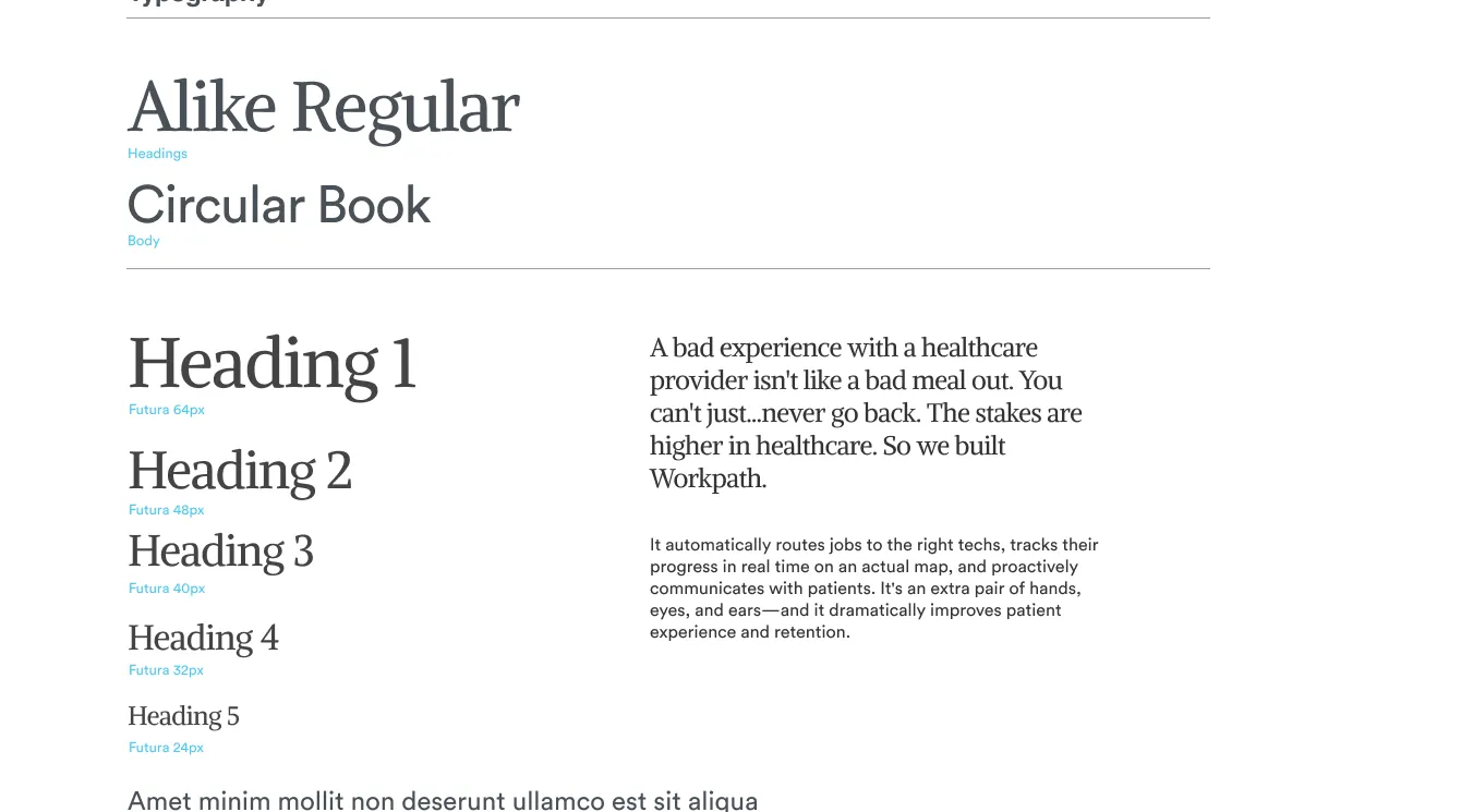 The type system — Alike Regular serif headings over Circular body copy, with the scale